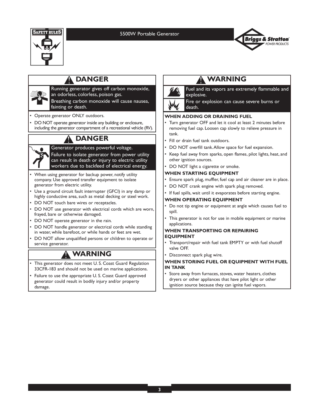 Briggs & Stratton 30209 owner manual When Adding or Draining Fuel, When Starting Equipment, When Operating Equipment 