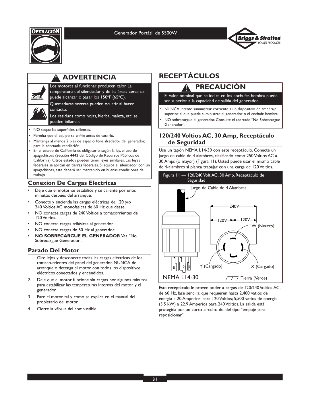 Briggs & Stratton 30209 owner manual Receptáculos Precaución, Conexion De Cargas Electricas, Parado Del Motor 