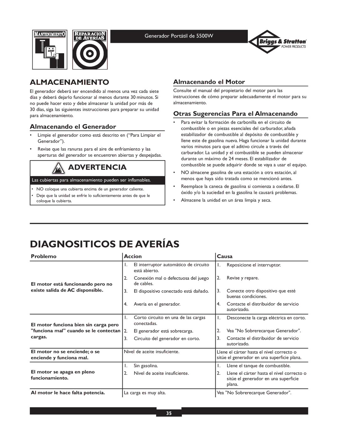 Briggs & Stratton 30209 Diagnositicos DE Averías, Almacenamiento, Almacenando el Generador, Almacenando el Motor 