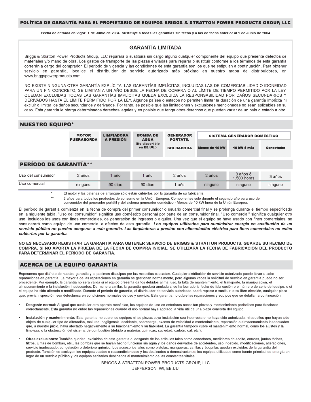 Briggs & Stratton 30209 owner manual Garantía Limitada 