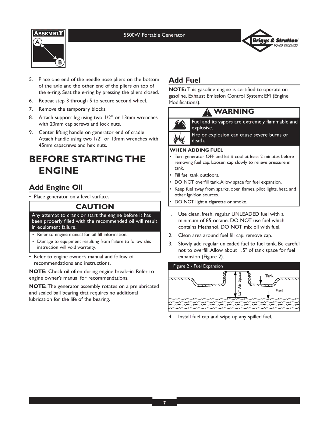 Briggs & Stratton 30209 owner manual Before Starting the Engine, Add Engine Oil, Add Fuel, When Adding Fuel 