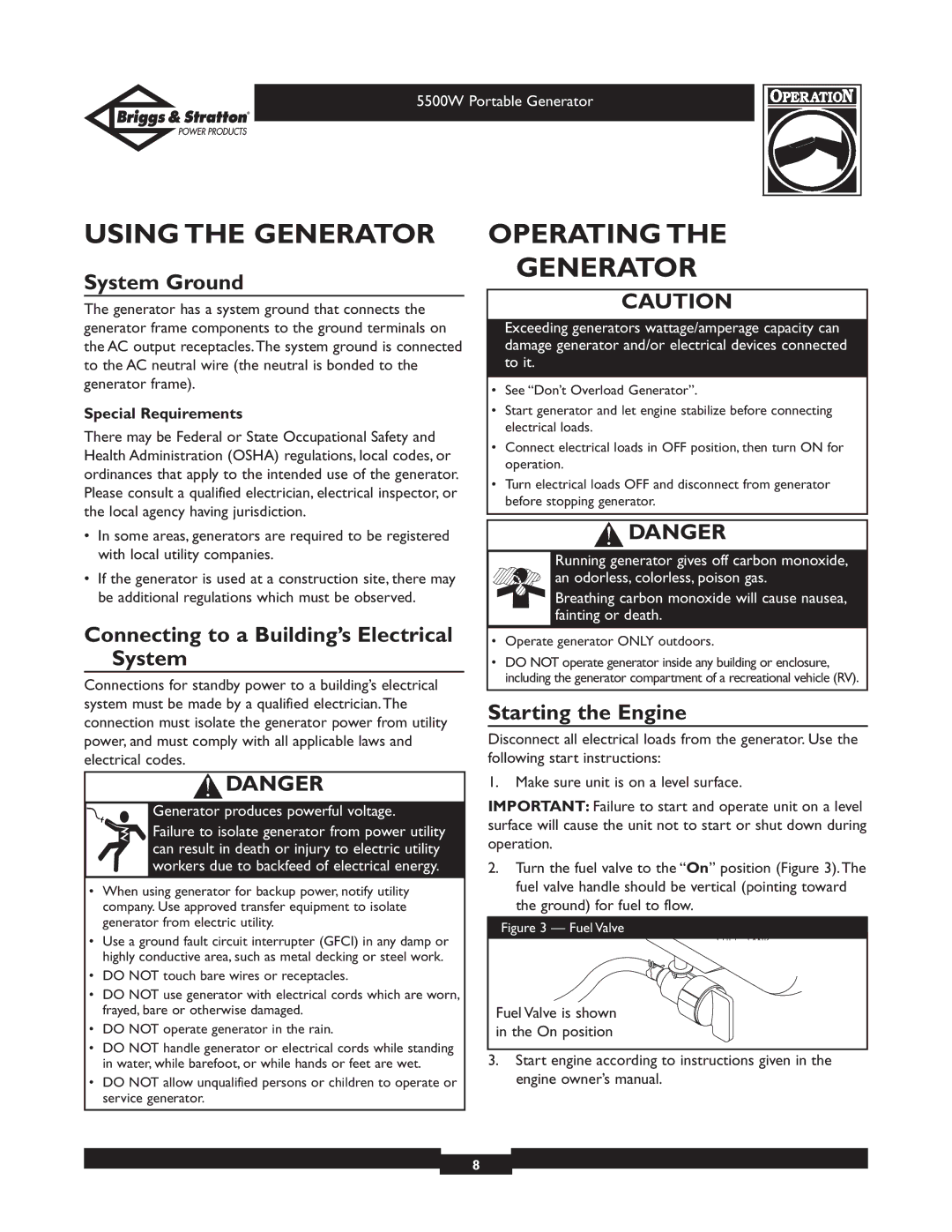 Briggs & Stratton 30209 owner manual Using the Generator, Operating Generator, System Ground, Starting the Engine 