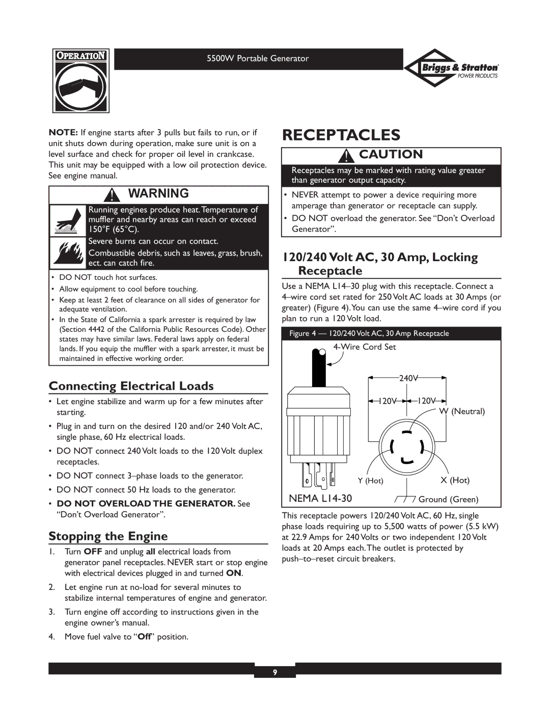 Briggs & Stratton 30209 owner manual Receptacles, Connecting Electrical Loads, Stopping the Engine 