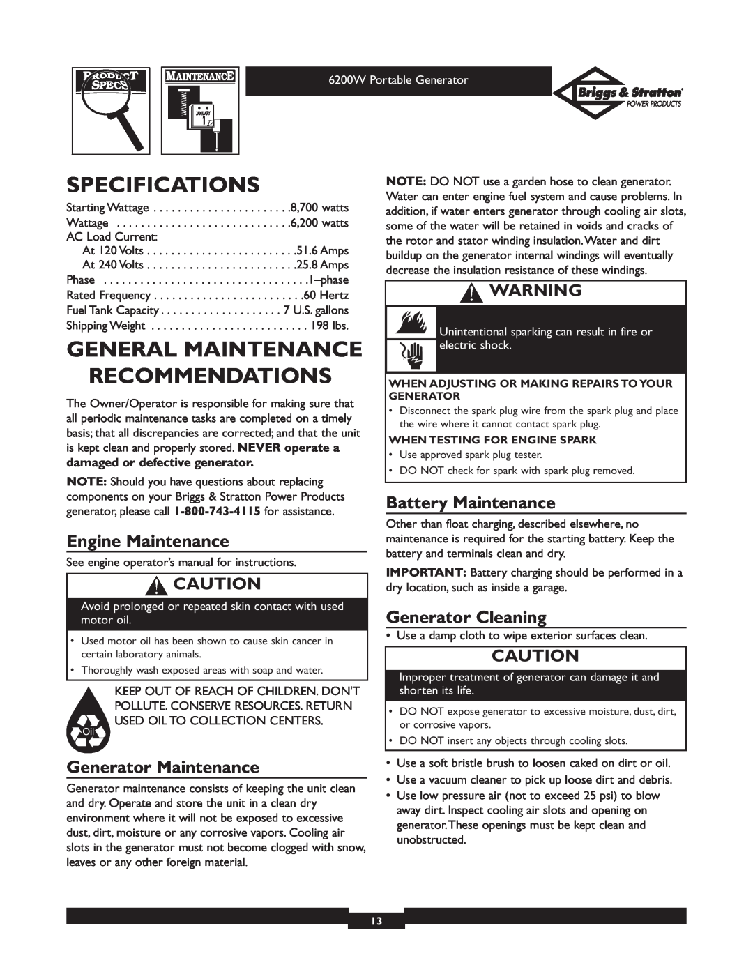 Briggs & Stratton 30211 Specifications, General Maintenance Recommendations, Engine Maintenance, Battery Maintenance 