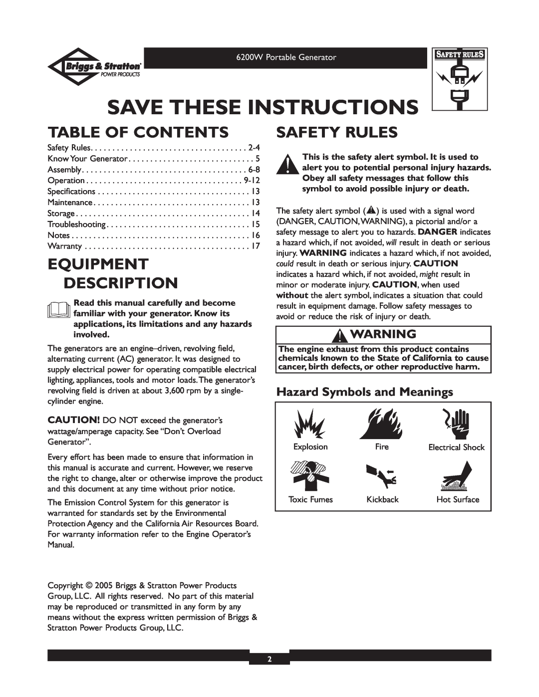 Briggs & Stratton 30211 Table Of Contents, Equipment Description, Safety Rules, Hazard Symbols and Meanings 