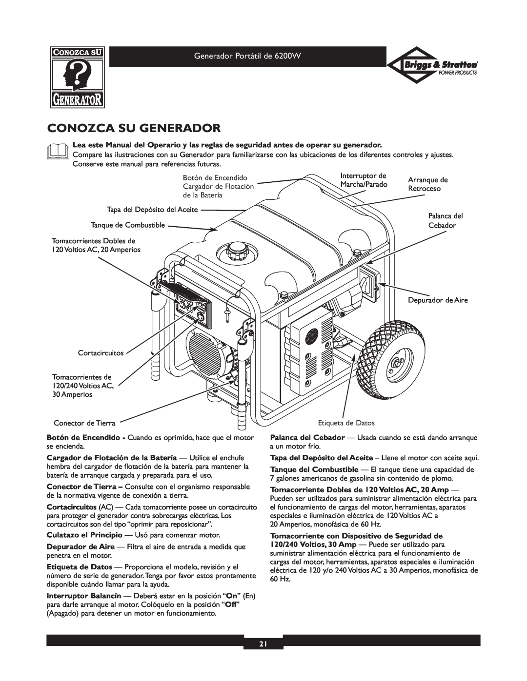 Briggs & Stratton 30211 operating instructions Conozca Su Generador, Generador Portátil de 6200W 