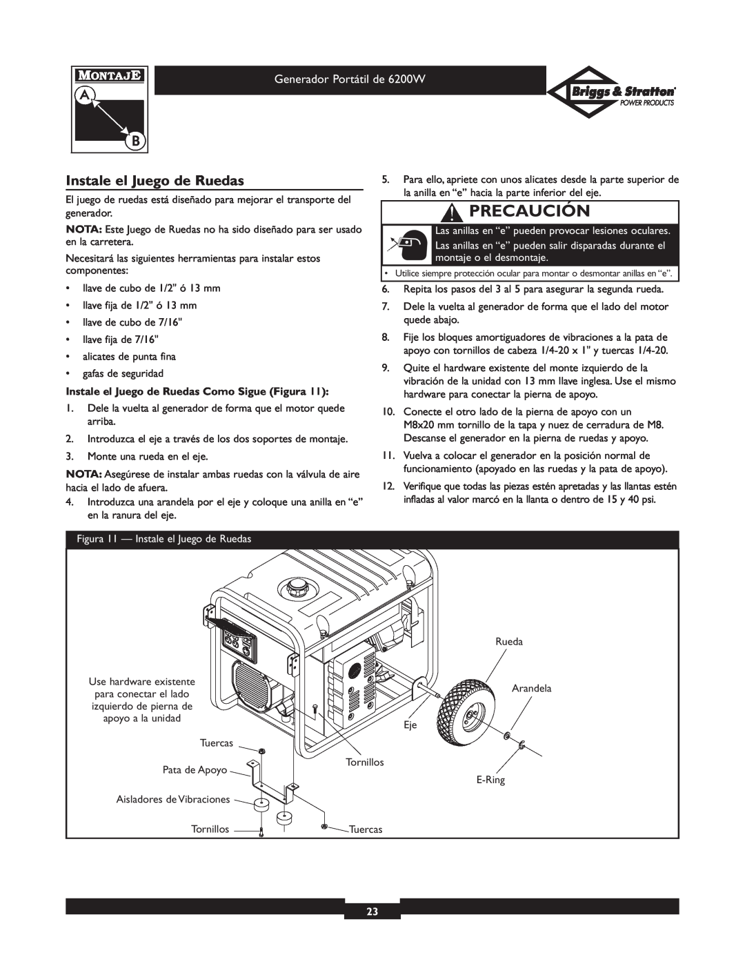 Briggs & Stratton 30211 operating instructions Instale el Juego de Ruedas, Precaución, Generador Portátil de 6200W 