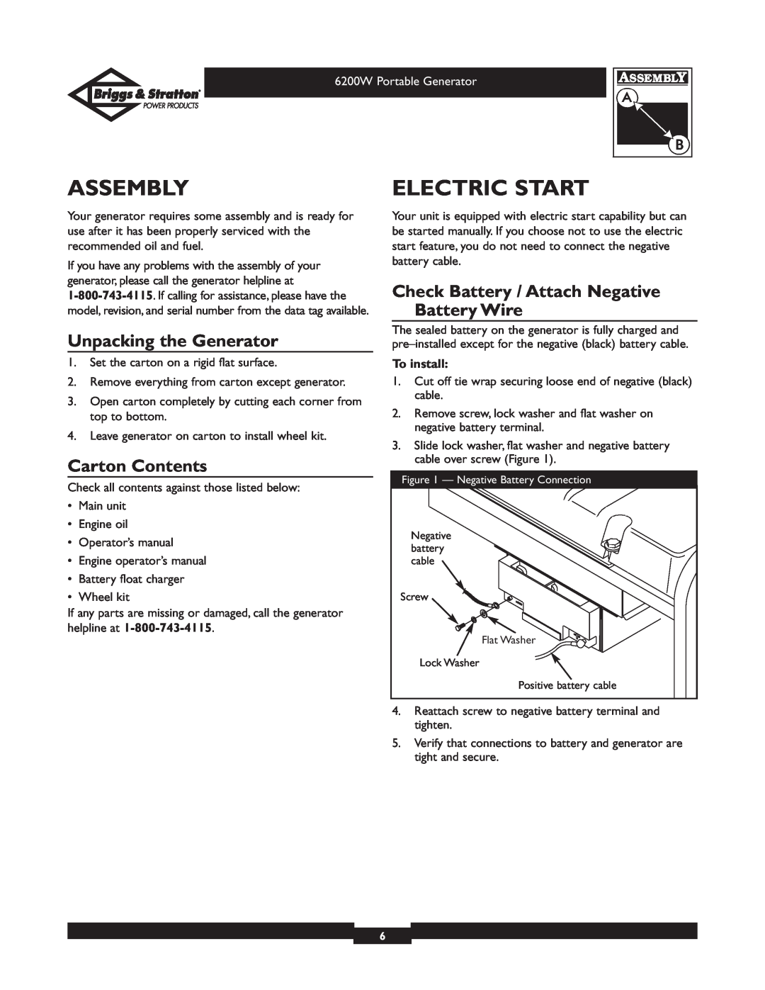 Briggs & Stratton 30211 Assembly, Electric Start, Unpacking the Generator, Carton Contents, 6200W Portable Generator 