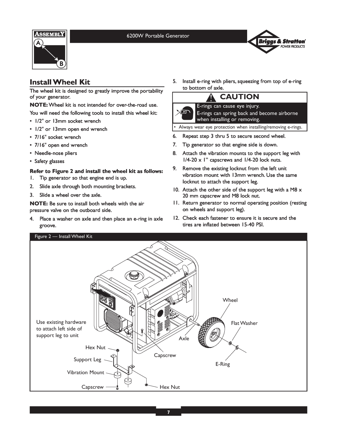 Briggs & Stratton 30211 operating instructions Install Wheel Kit, E-rings can cause eye injury, 6200W Portable Generator 