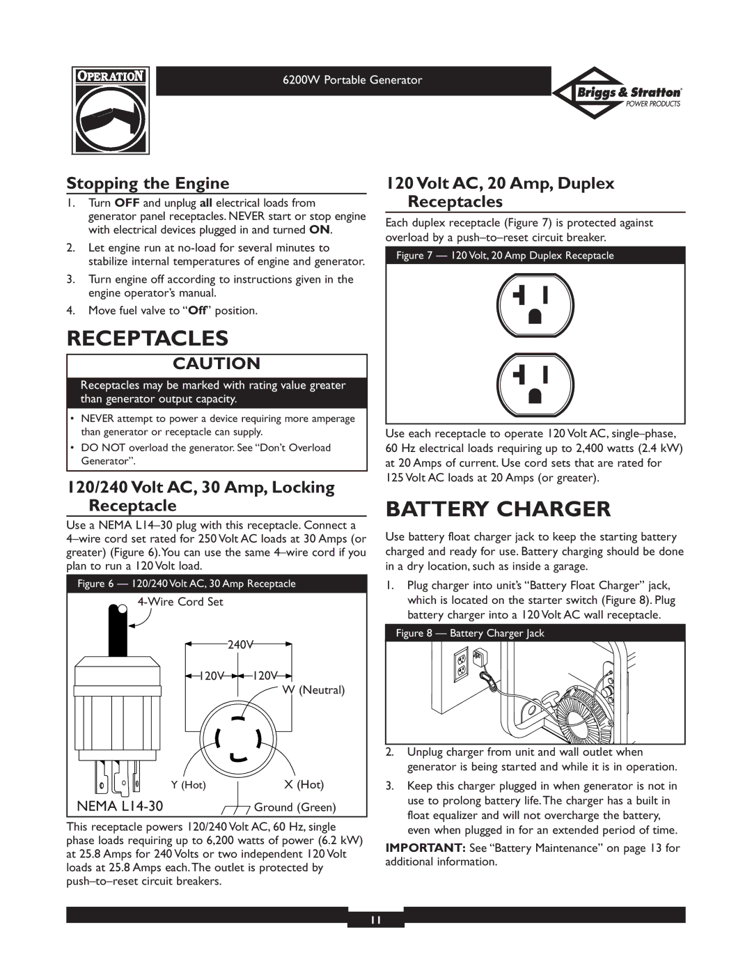 Briggs & Stratton 30211 Receptacles, Battery Charger, Stopping the Engine, 120/240 Volt AC, 30 Amp, Locking Receptacle 