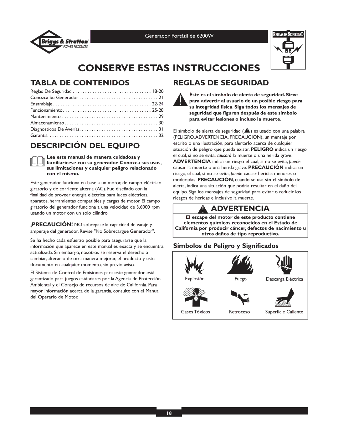 Briggs & Stratton 30211 Conserve Estas Instrucciones, Tabla DE Contenidos, Descripción DEL Equipo, Reglas DE Seguridad 