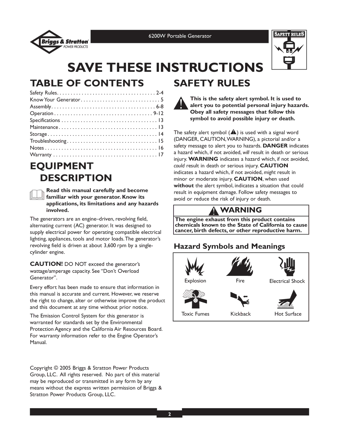 Briggs & Stratton 30211 operating instructions Table of Contents, Equipment Description, Safety Rules 