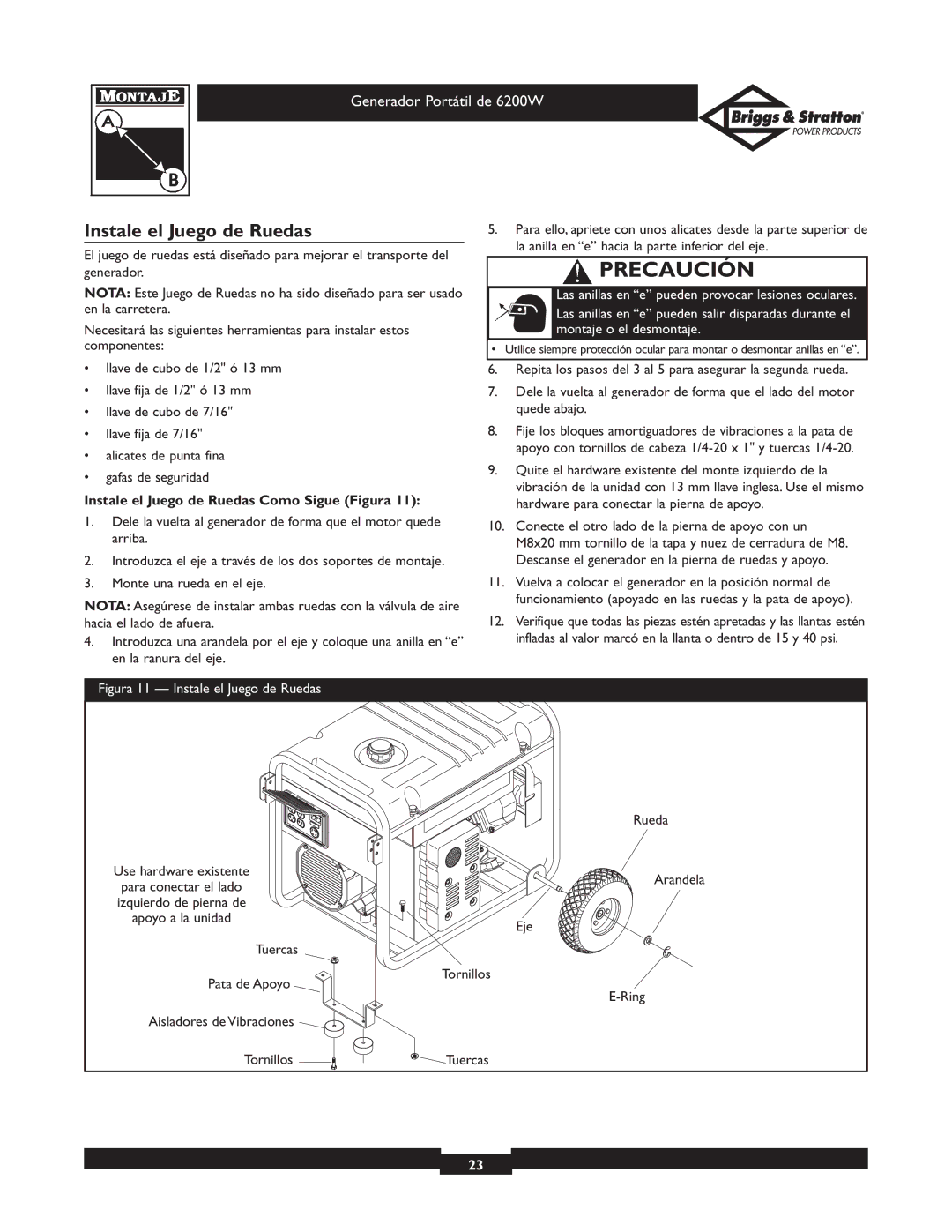 Briggs & Stratton 30211 operating instructions Instale el Juego de Ruedas Como Sigue Figura 