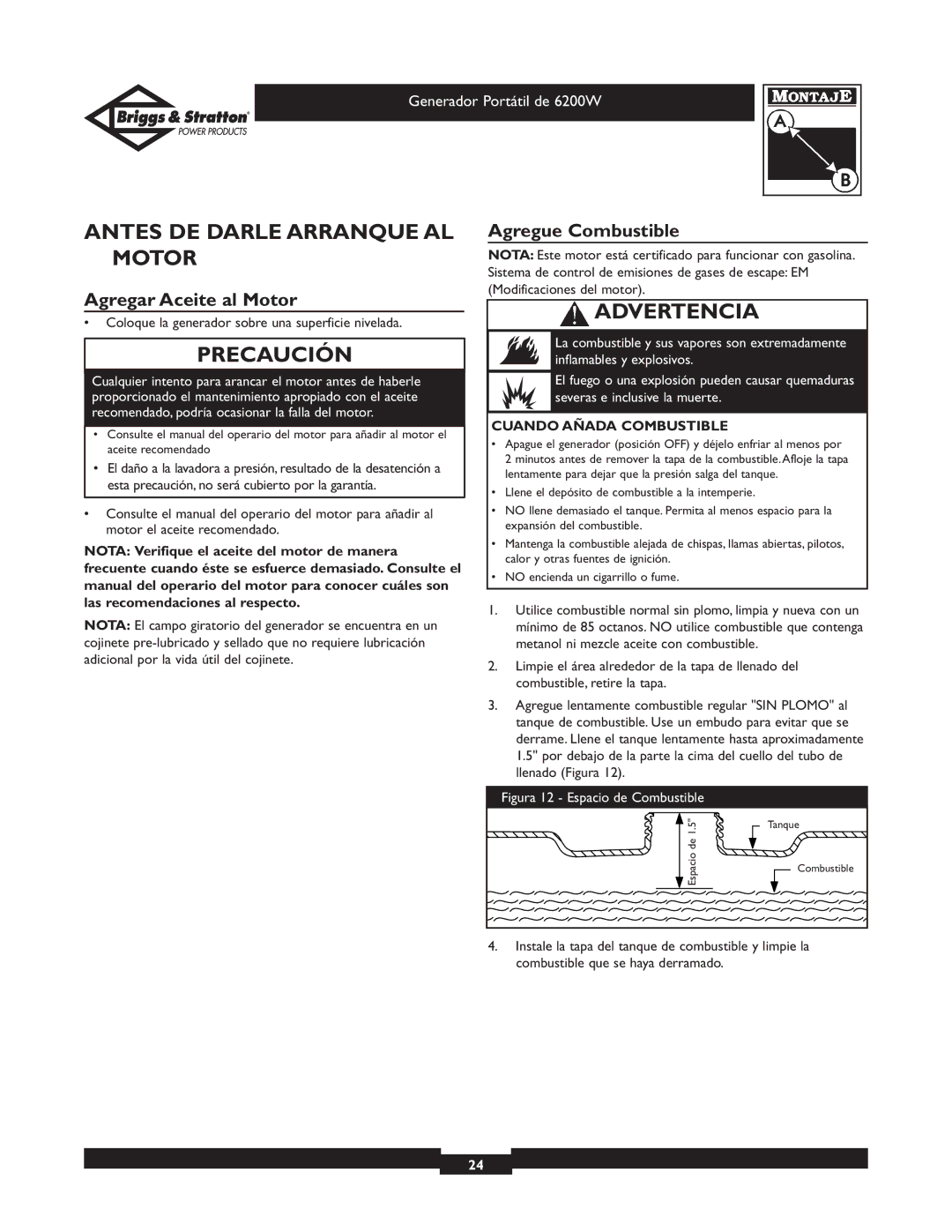 Briggs & Stratton 30211 Antes DE Darle Arranque AL Motor, Agregar Aceite al Motor, Agregue Combustible 