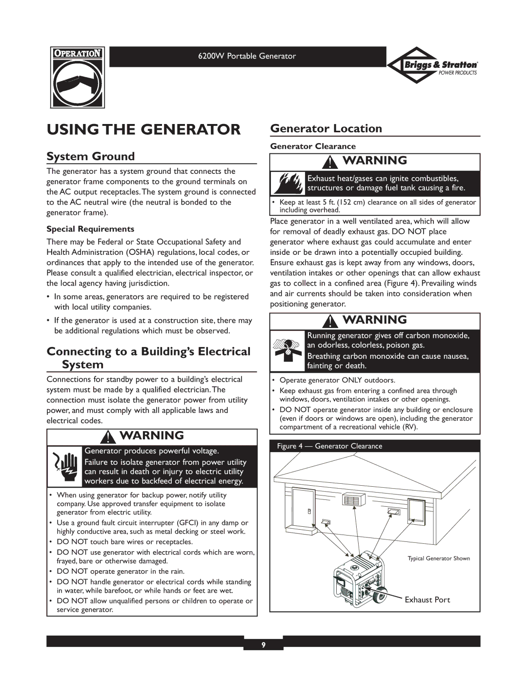 Briggs & Stratton 30211 Using the Generator, System Ground, Connecting to a Building’s Electrical System 