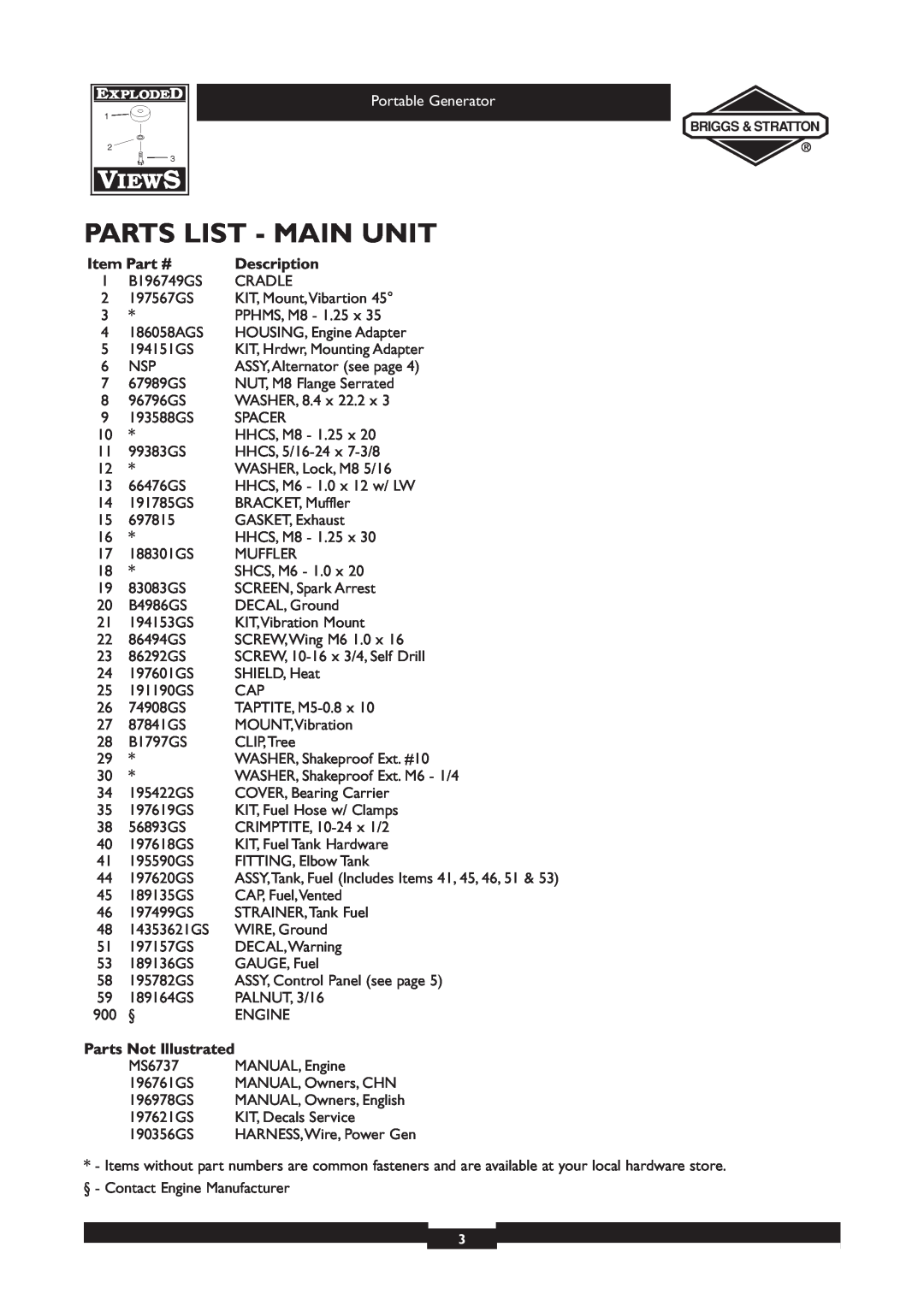 Briggs & Stratton 30213 Parts List - Main Unit, Description, Parts Not Illustrated, Portable Generator 