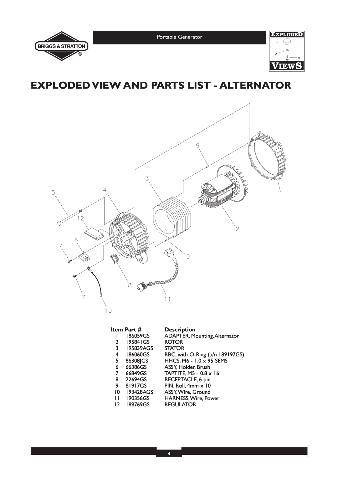 Briggs & Stratton 30213 operating instructions Exploded View And Parts List - Alternator, Portable Generator, Description 