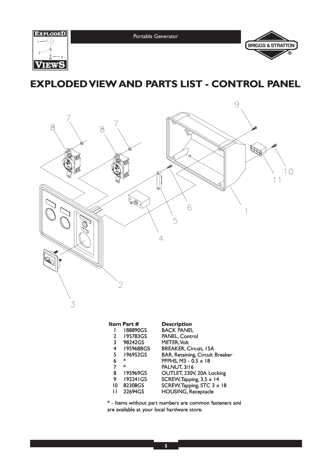 Briggs & Stratton 30213 Exploded View And Parts List - Control Panel, Portable Generator, Description 