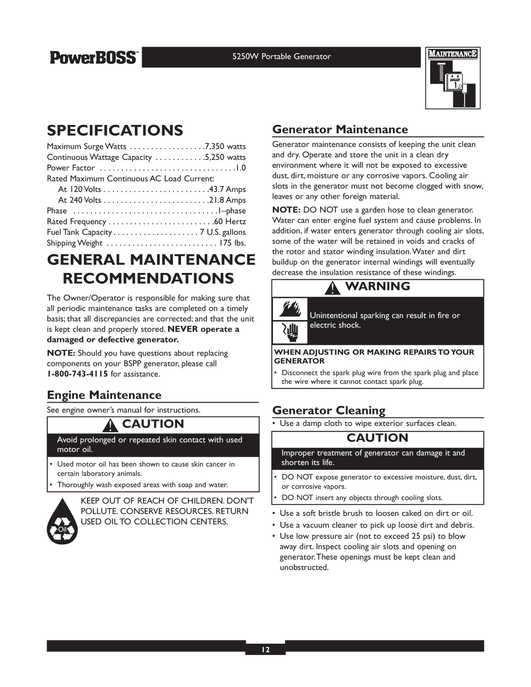 Briggs & Stratton 30217 Specifications, General Maintenance Recommendations, Generator Maintenance, Engine Maintenance 