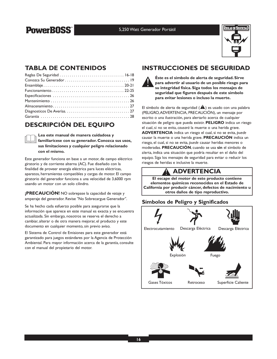 Briggs & Stratton 30217 owner manual Tabla DE Contenidos, Descripción DEL Equipo, Instrucciones DE Seguridad, Advertencia 