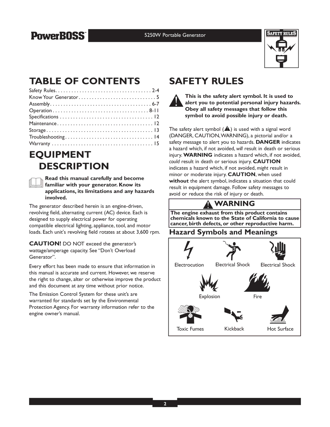 Briggs & Stratton 30217 owner manual Table of Contents, Equipment Description, Safety Rules 