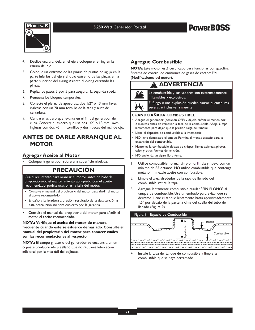 Briggs & Stratton 30217 owner manual Antes DE Darle Arranque AL Motor, Agregar Aceite al Motor, Agregue Combustible 