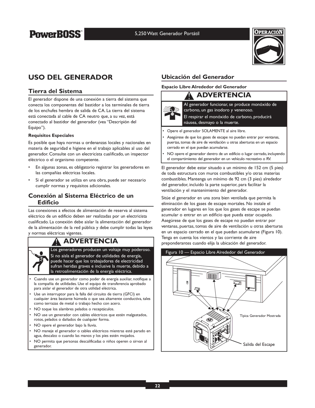 Briggs & Stratton 30217 owner manual USO DEL Generador, Tierra del Sistema, Ubicación del Generador 