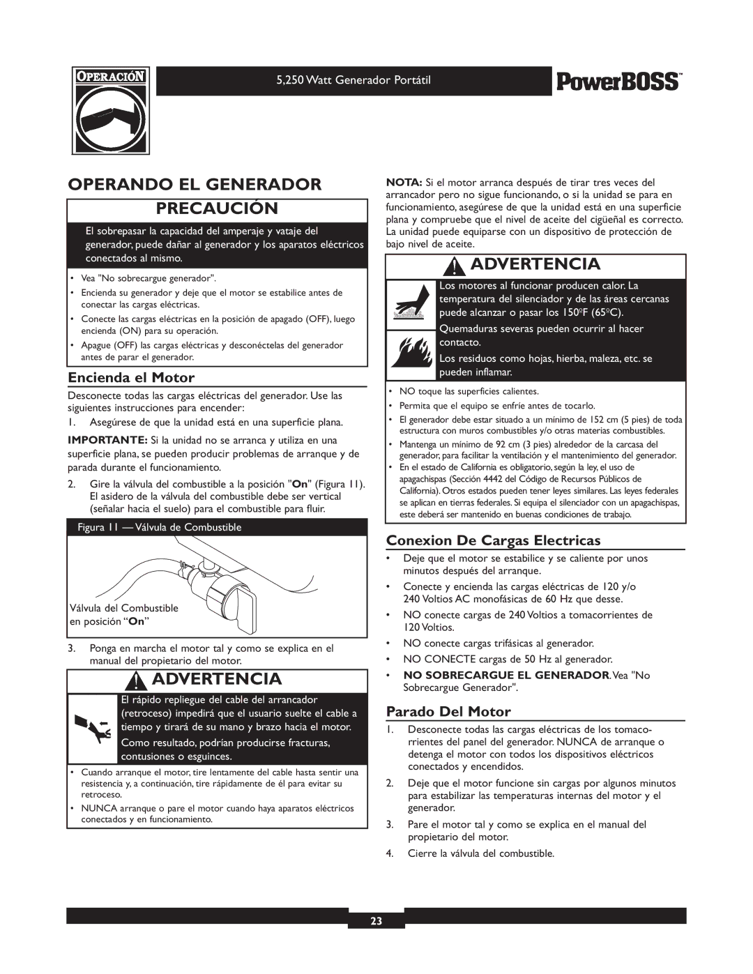 Briggs & Stratton 30217 owner manual Operando EL Generador Precaución, Encienda el Motor, Conexion De Cargas Electricas 