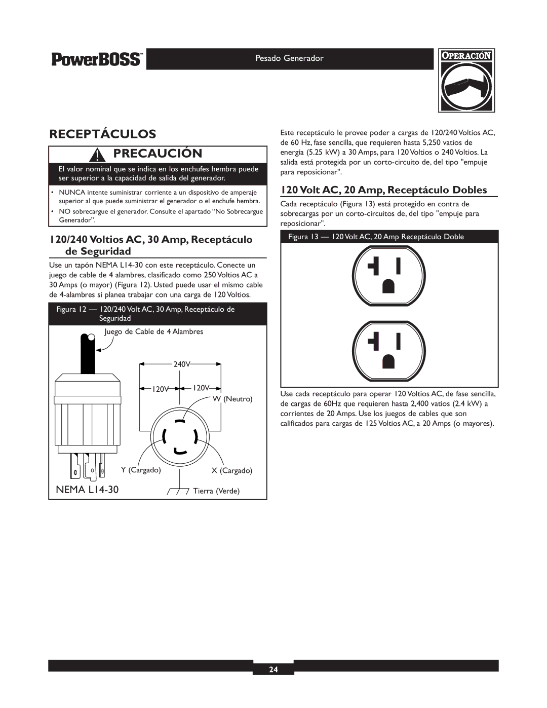 Briggs & Stratton 30217 owner manual Receptáculos Precaución, 120/240 Voltios AC, 30 Amp, Receptáculo de Seguridad 