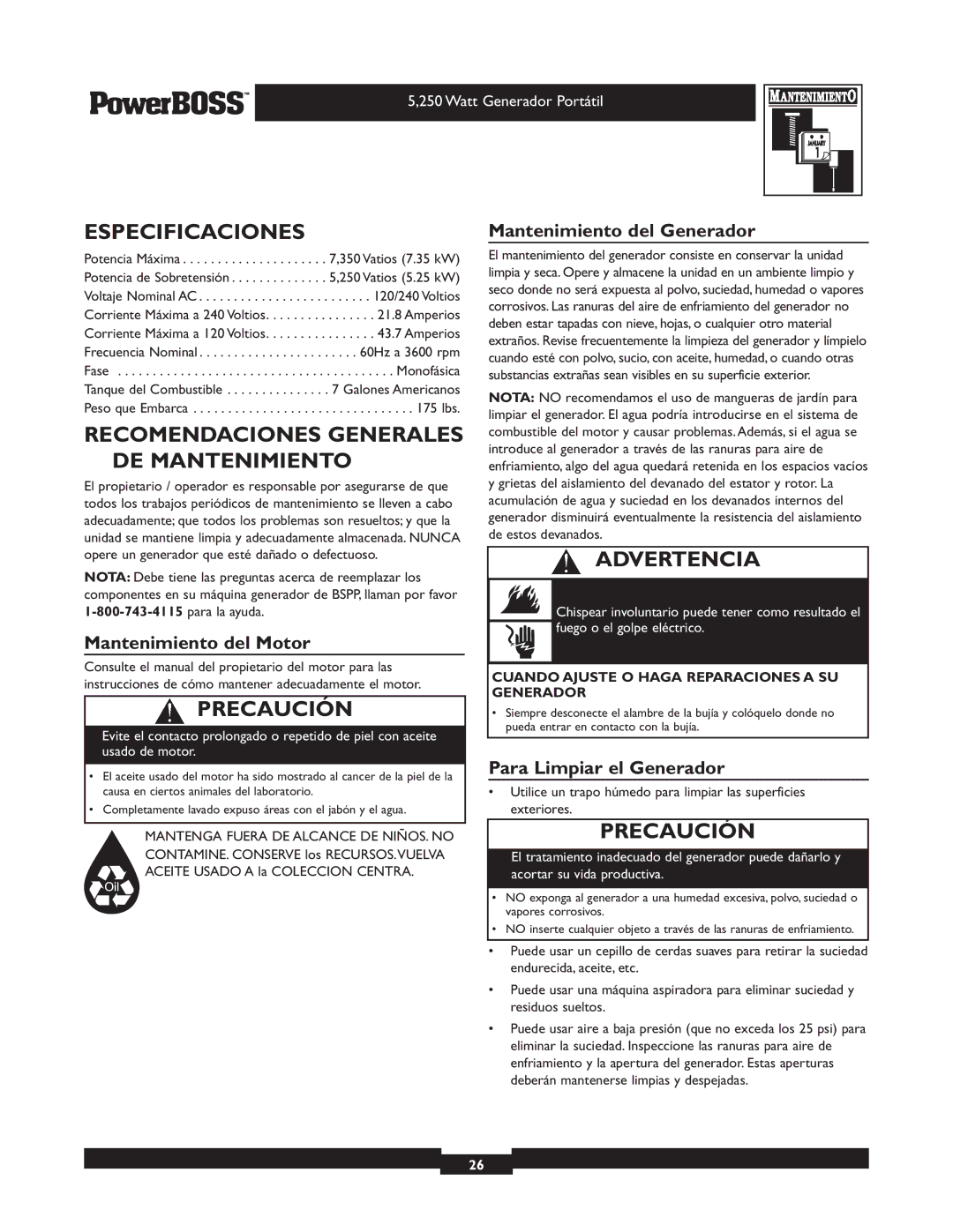 Briggs & Stratton 30217 owner manual Especificaciones, Recomendaciones Generales DE Mantenimiento, Mantenimiento del Motor 