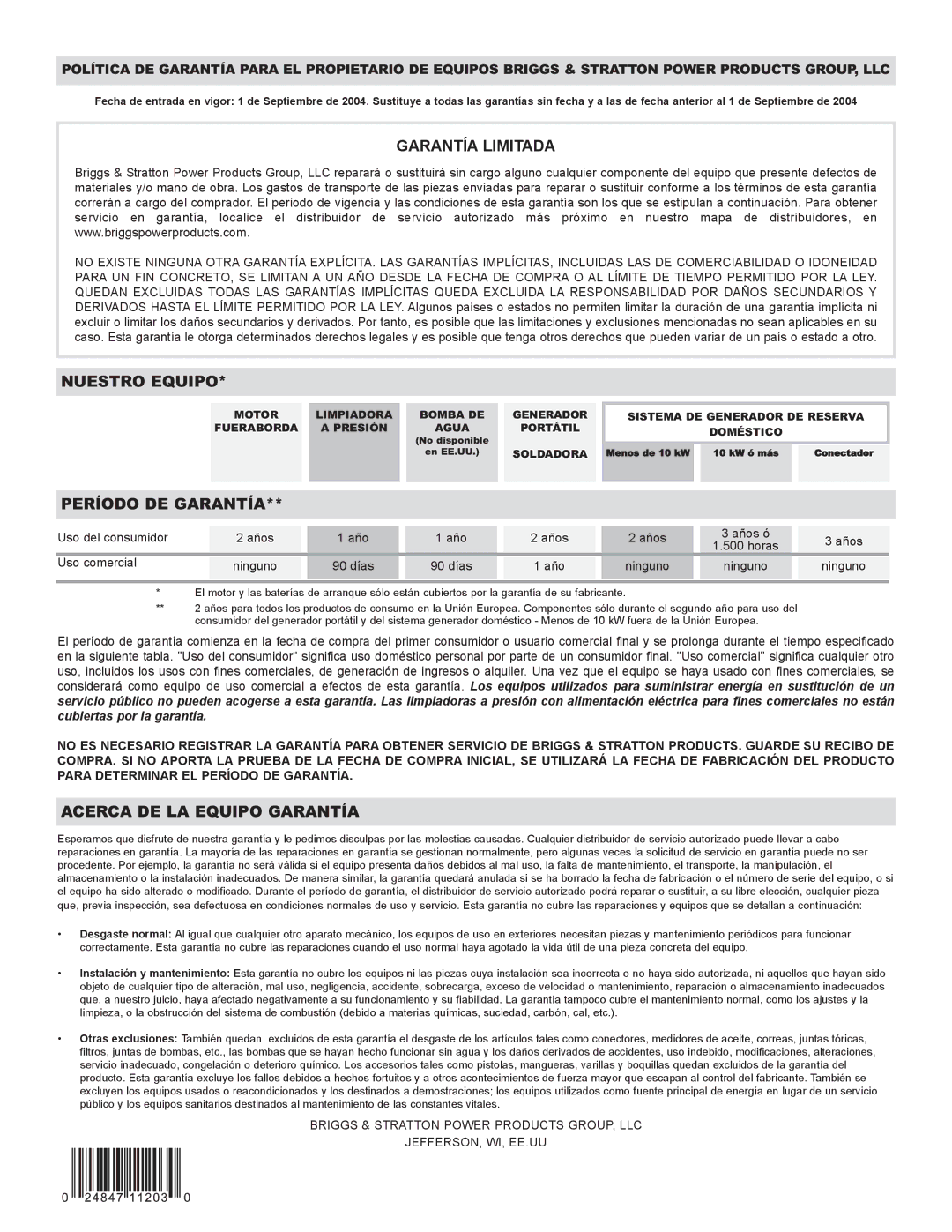 Briggs & Stratton 30217 owner manual Garantía Limitada 