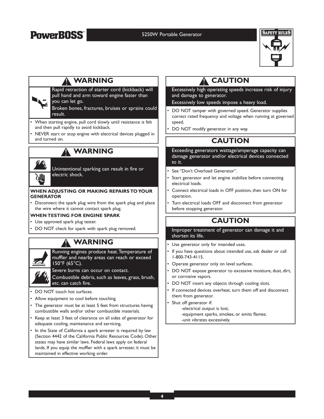 Briggs & Stratton 30217 owner manual When Adjusting or Making Repairs to Your Generator, When Testing for Engine Spark 