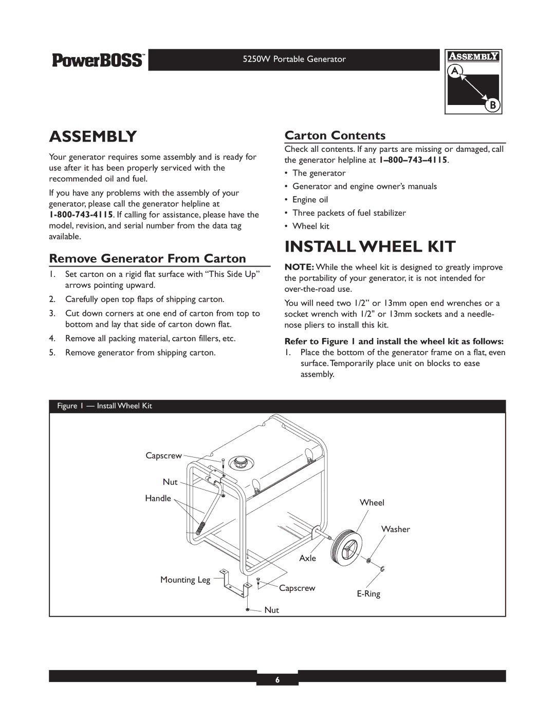 Briggs & Stratton 30217 owner manual Assembly, Install Wheel KIT, Remove Generator From Carton, Carton Contents 