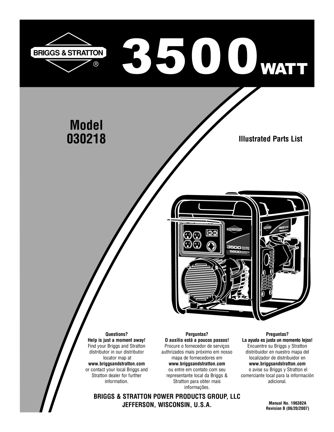 Briggs & Stratton manual Model 030218, Illustrated Parts List, Jefferson, Wisconsin, U.S.A, locator map at, information 