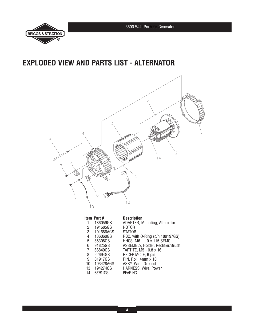 Briggs & Stratton 30218 manual Exploded View And Parts List - Alternator, Watt Portable Generator, Description 