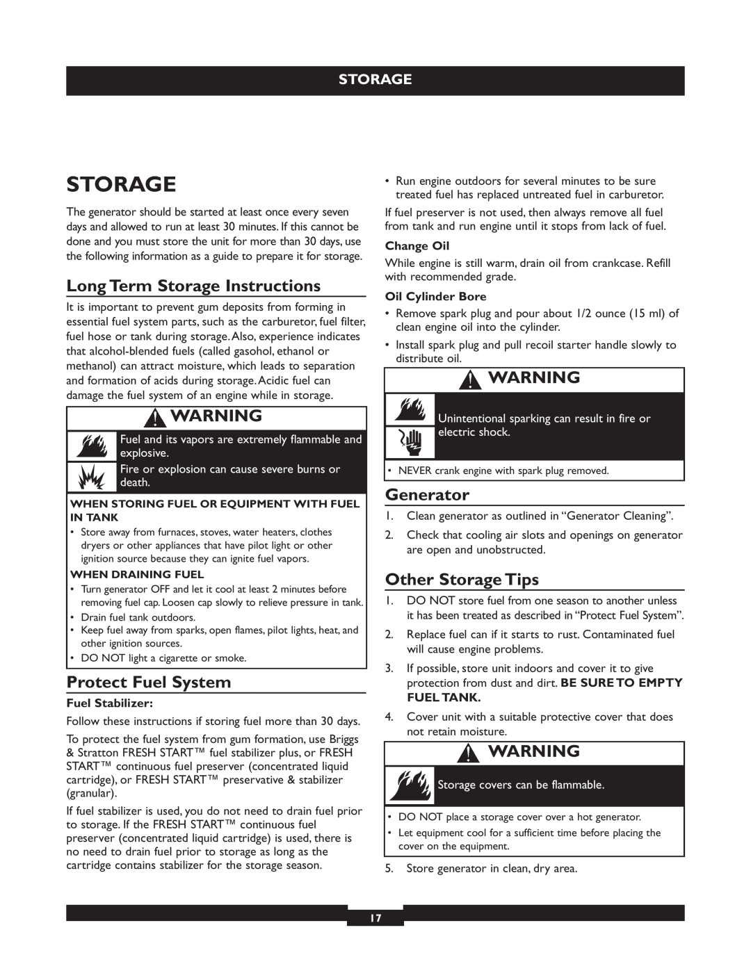 Briggs & Stratton 30219 manual Long Term Storage Instructions, Protect Fuel System, Generator, Other Storage Tips 