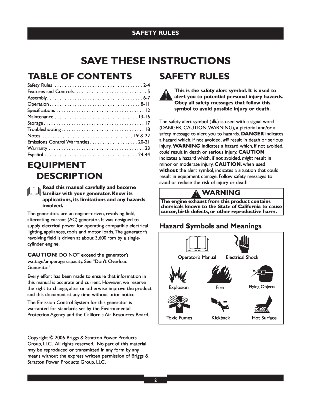 Briggs & Stratton 30219 manual Table Of Contents, Equipment Description, Safety Rules, Hazard Symbols and Meanings 