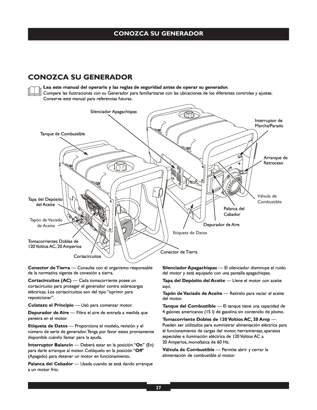 Briggs & Stratton 30219 manual Conozca Su Generador, Tapa del Depósito del Aceite - Llene el motor con aceite 
