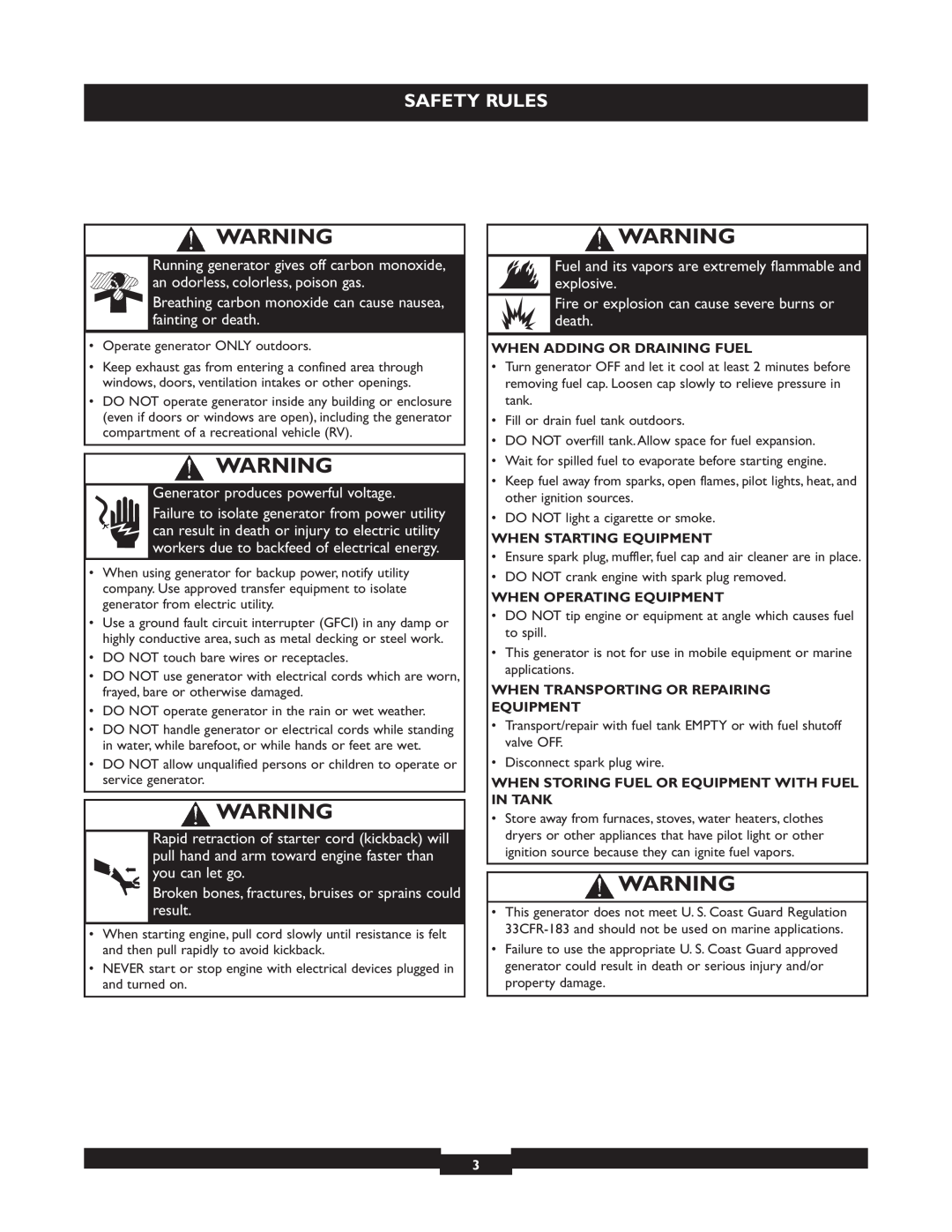 Briggs & Stratton 30219 manual Safety Rules, Breathing carbon monoxide can cause nausea, fainting or death 