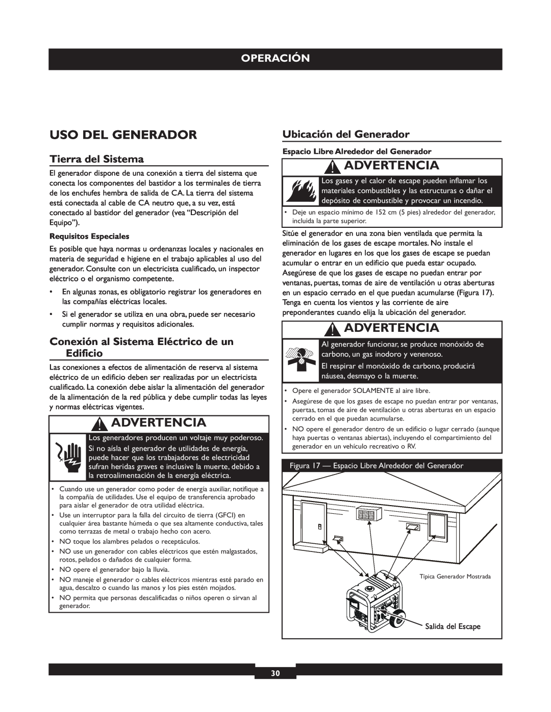 Briggs & Stratton 30219 manual Uso Del Generador, Operación, Advertencia, Requisitos Especiales 