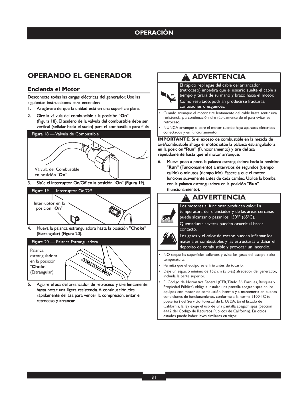 Briggs & Stratton 30219 manual Operando El Generador, Advertencia, Operación, Encienda el Motor 