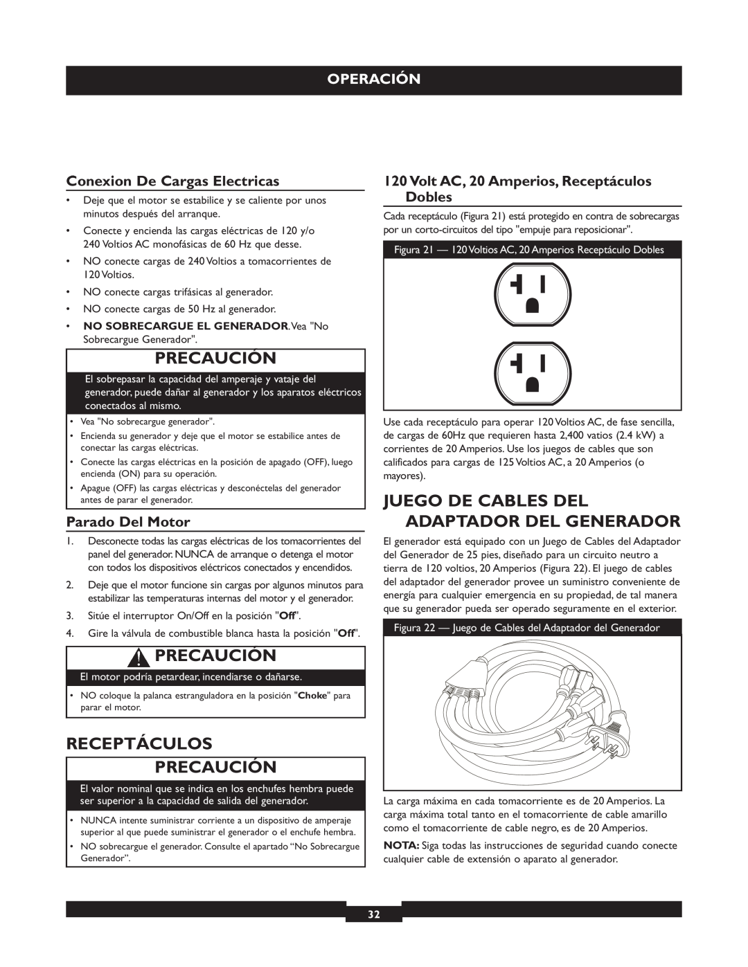 Briggs & Stratton 30219 manual Juego De Cables Del Adaptador Del Generador, Receptáculos Precaución, Operación 