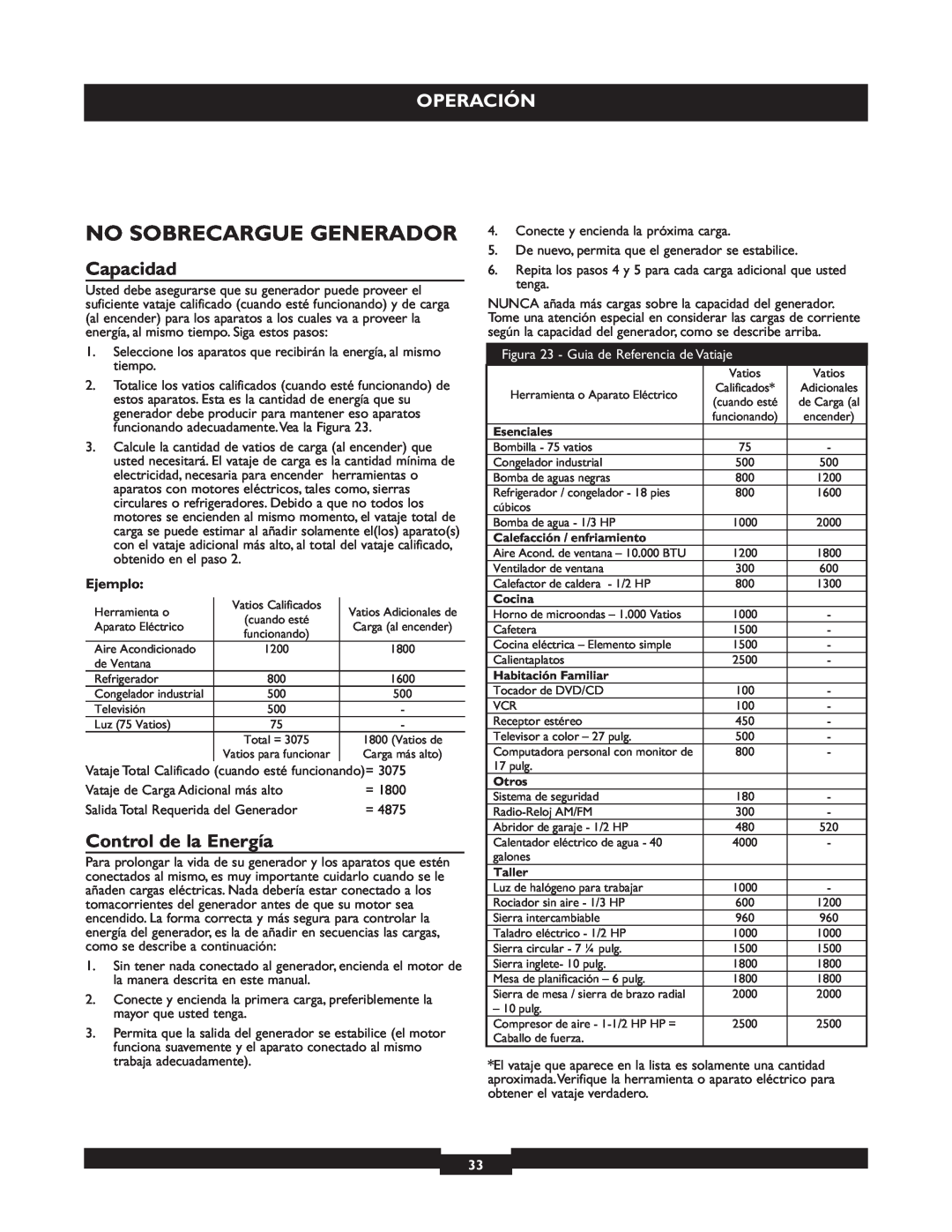 Briggs & Stratton 30219 manual No Sobrecargue Generador, Operación, Capacidad, Control de la Energía, Ejemplo 