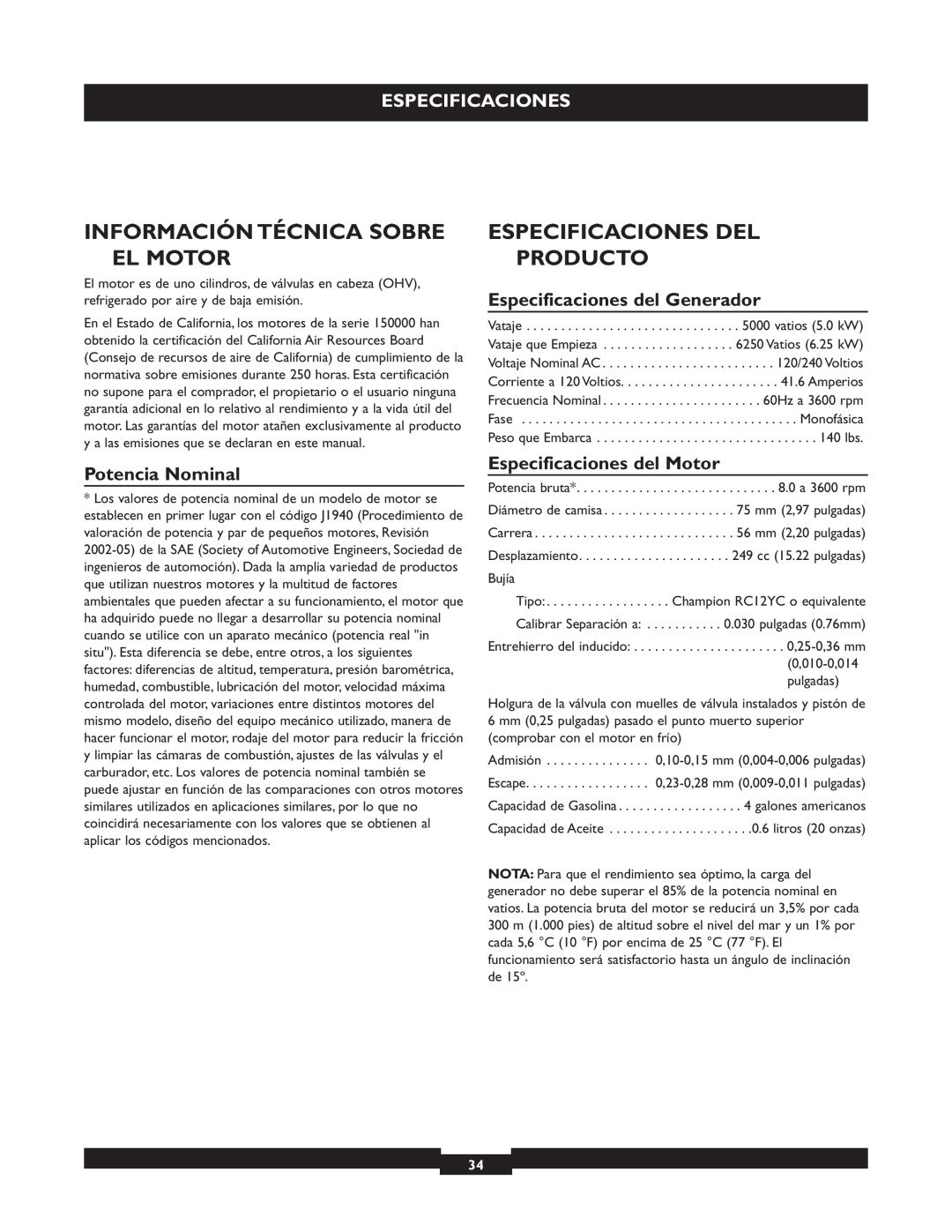 Briggs & Stratton 30219 Información Técnica Sobre El Motor, Especificaciones Del Producto, Especificaciones del Generador 
