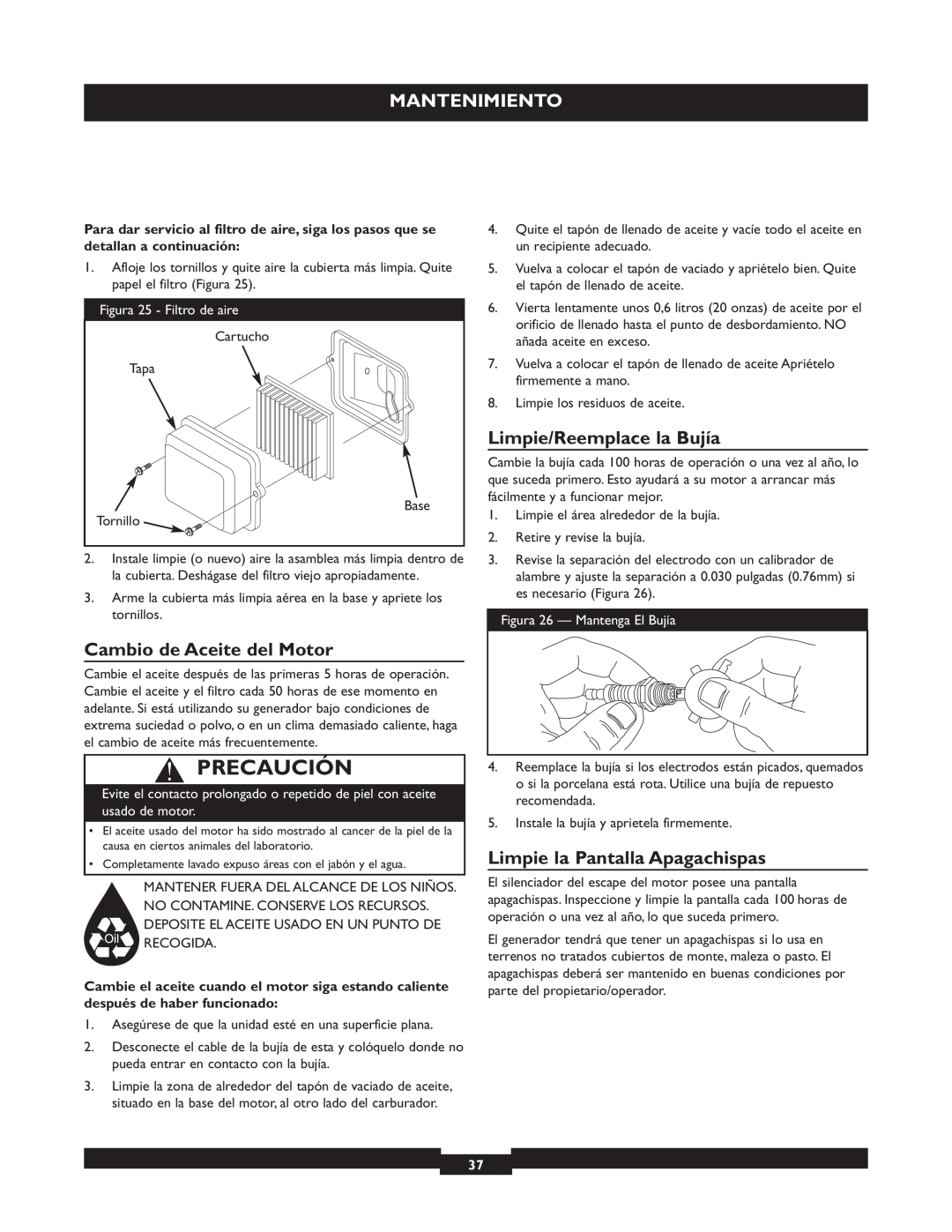 Briggs & Stratton 30219 manual Precaución, Mantenimiento, Limpie/Reemplace la Bujía, Cambio de Aceite del Motor 