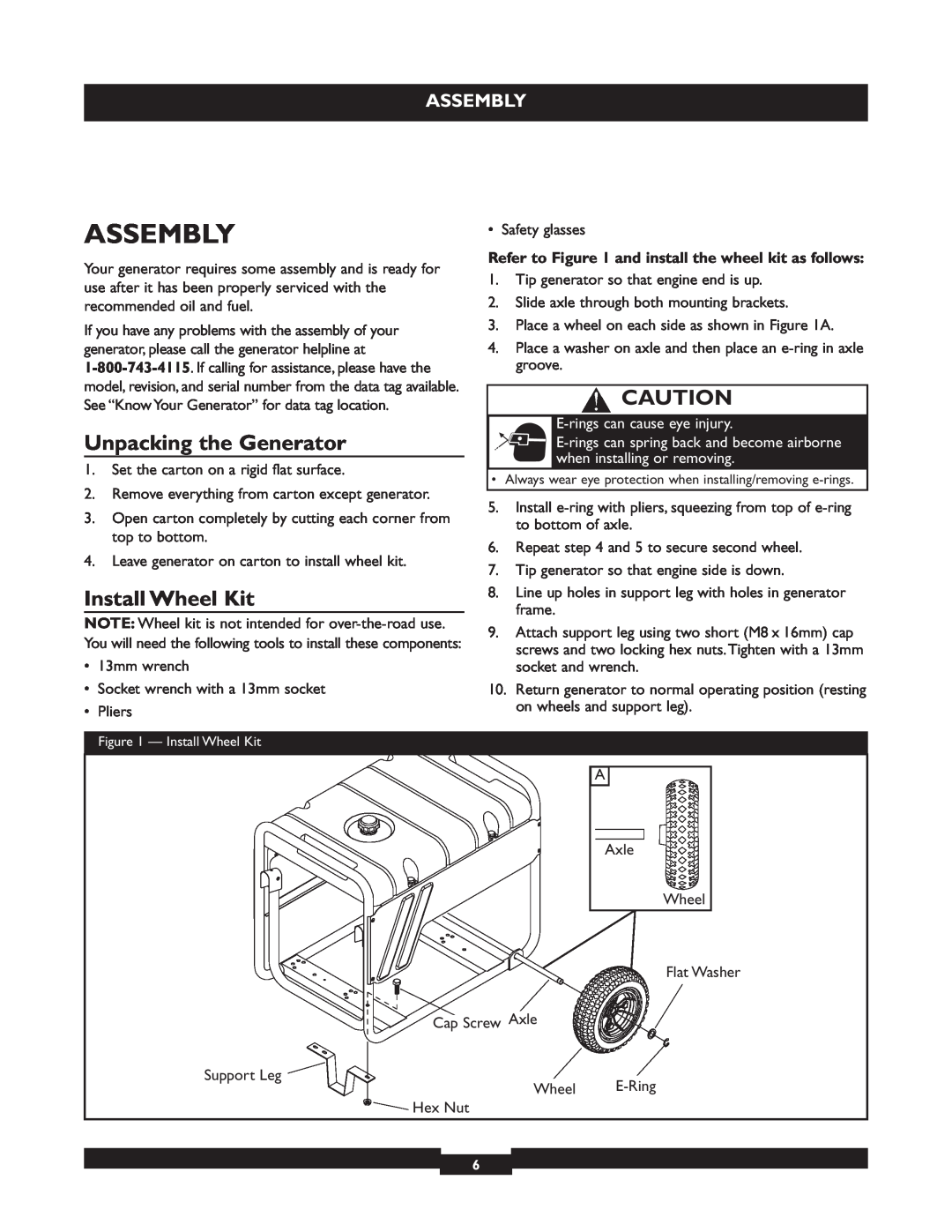 Briggs & Stratton 30219 manual Assembly, Unpacking the Generator, Install Wheel Kit, E-rings can cause eye injury 
