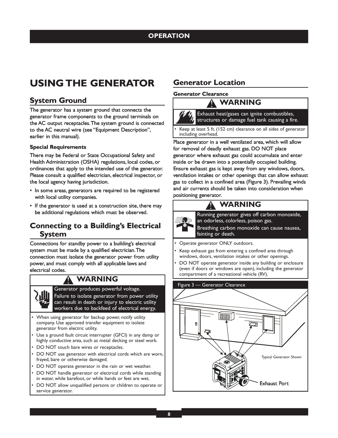 Briggs & Stratton 30219 manual Using The Generator, System Ground, Generator Location, Operation 