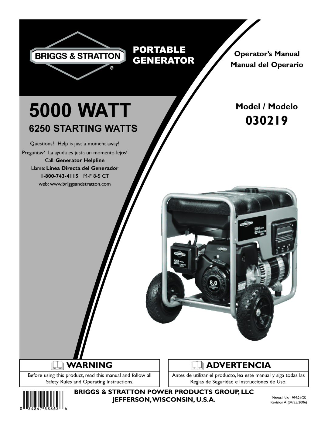 Briggs & Stratton 30219 manual Starting Watts, Operator’s Manual Manual del Operario 