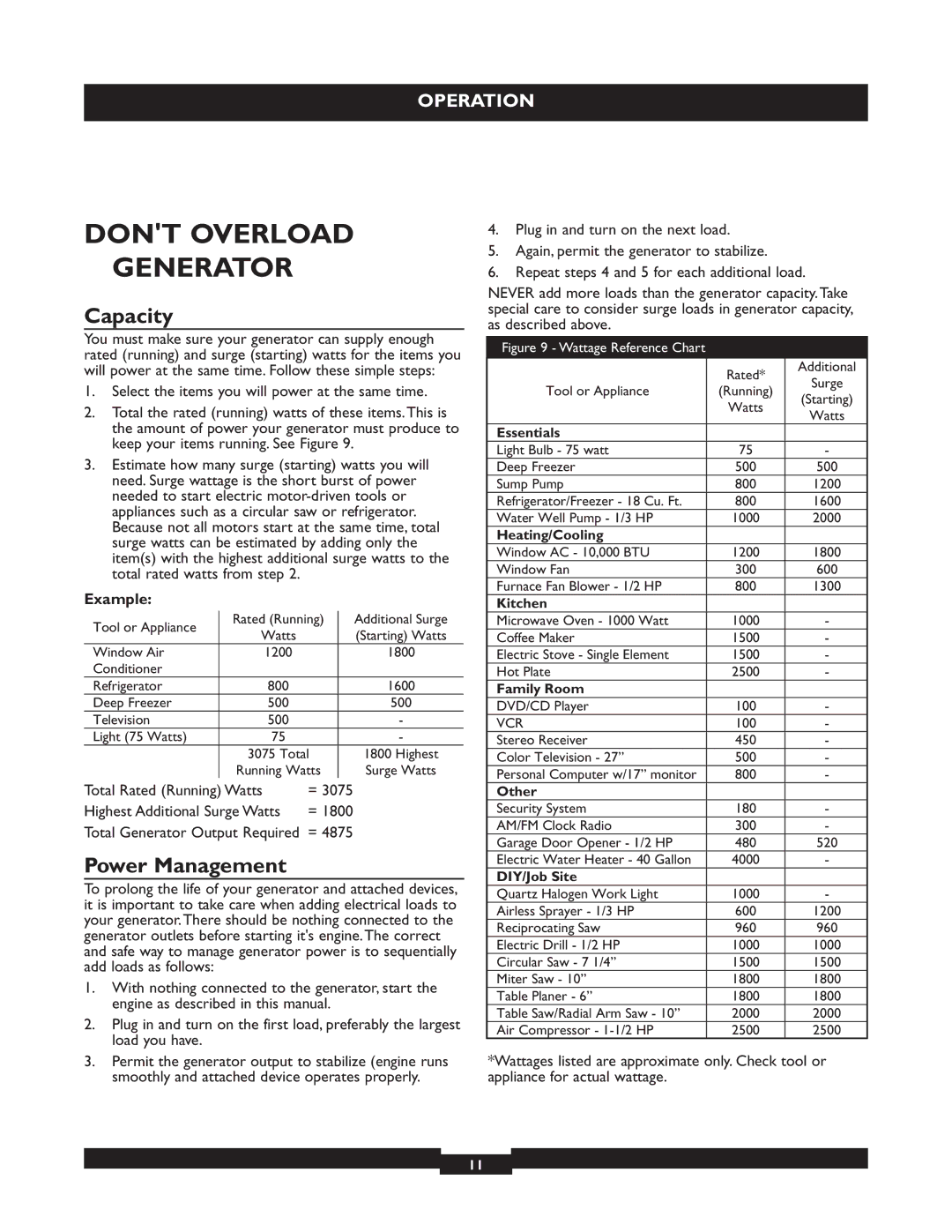 Briggs & Stratton 30219 manual Dont Overload Generator, Capacity, Power Management, Example 