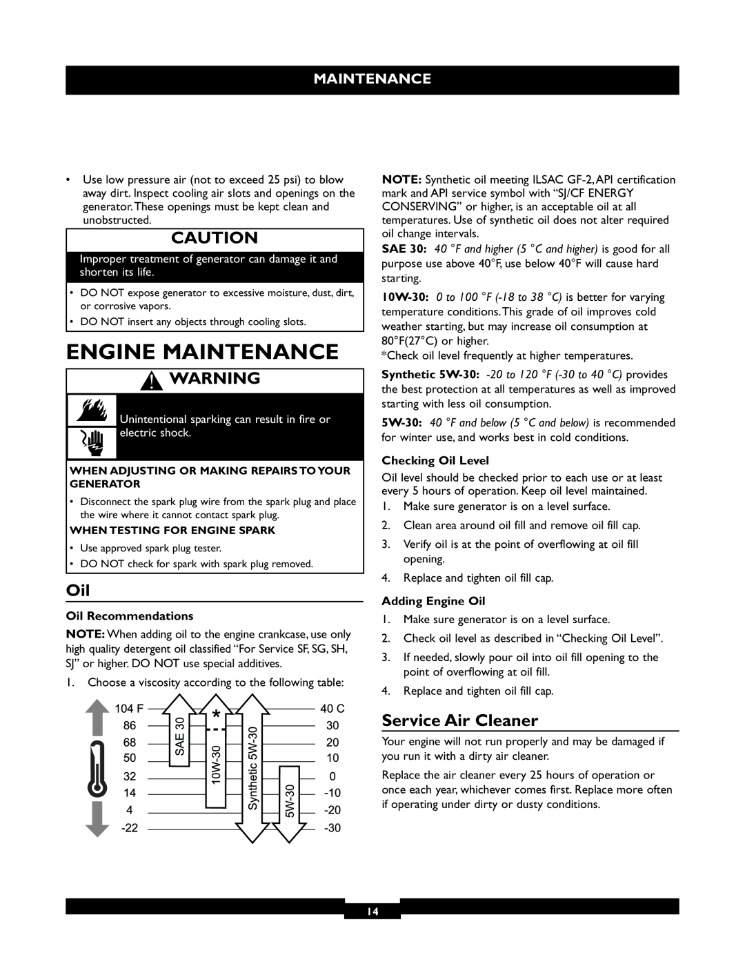 Briggs & Stratton 30219 manual Engine Maintenance, Oil, Service Air Cleaner 